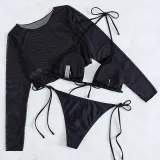 Women 3 Piece Triangle Halter Side Tie High Cut Mesh Tankini Cover Up Bikini Swimsuit