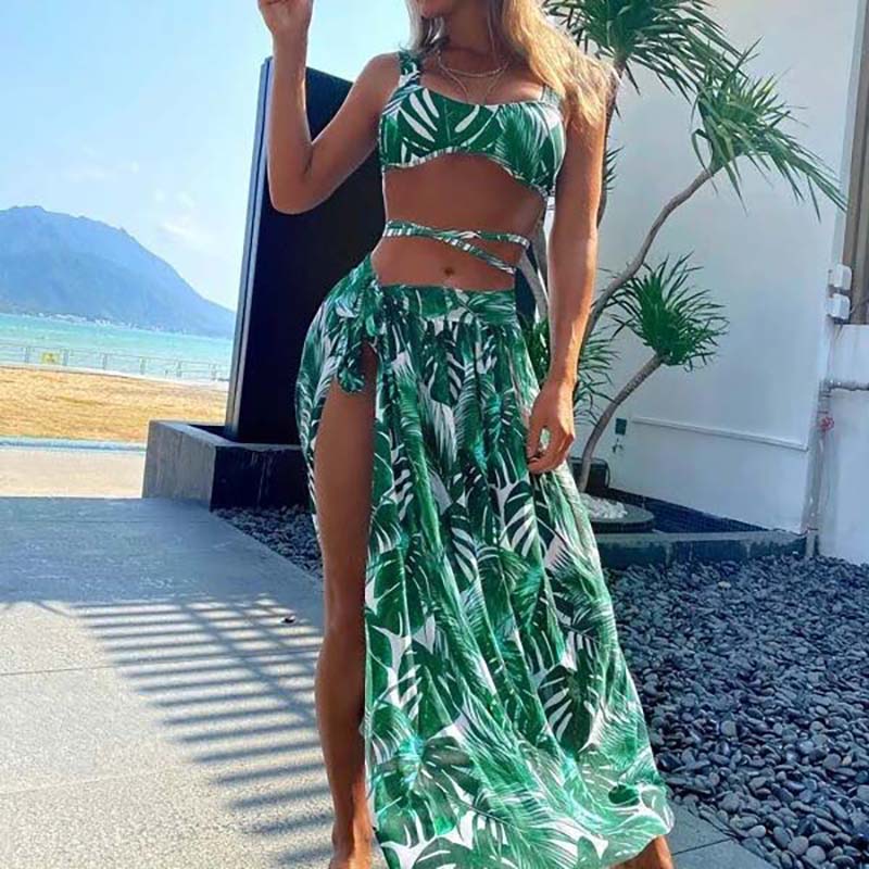 Women 3 Piece Green Tropical Bandeau Back Lace Up Cover Up Skirt Bikini Swimsuit