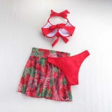 Women 3 Piece Tropical Ruched Bowknot Halter Cover Up Skirt Bikini Swimsuit