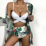 Women 3 Piece Criss Cross Push Up Tropical Prints Cover Up Kimonos Bikini Swimsuit