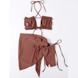 Women 3 Piece Solid Color Ruched Criss Cross Halter Cover Up Side Knot Skirt Bikini Swimsuit