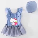 Girls Bathing Suits Cartoon Cat With Strawberry One Piece Lace Collar Swimsuits