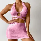 Women 3 Piece Halter Criss Cross Cut Out Cover Up Skirt Bikini Swimsuit