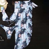 Women 3 Piece Flower Prints Triangle Rufflle Strap Cover Up Side Knot Kimono Bikini Swimsuit