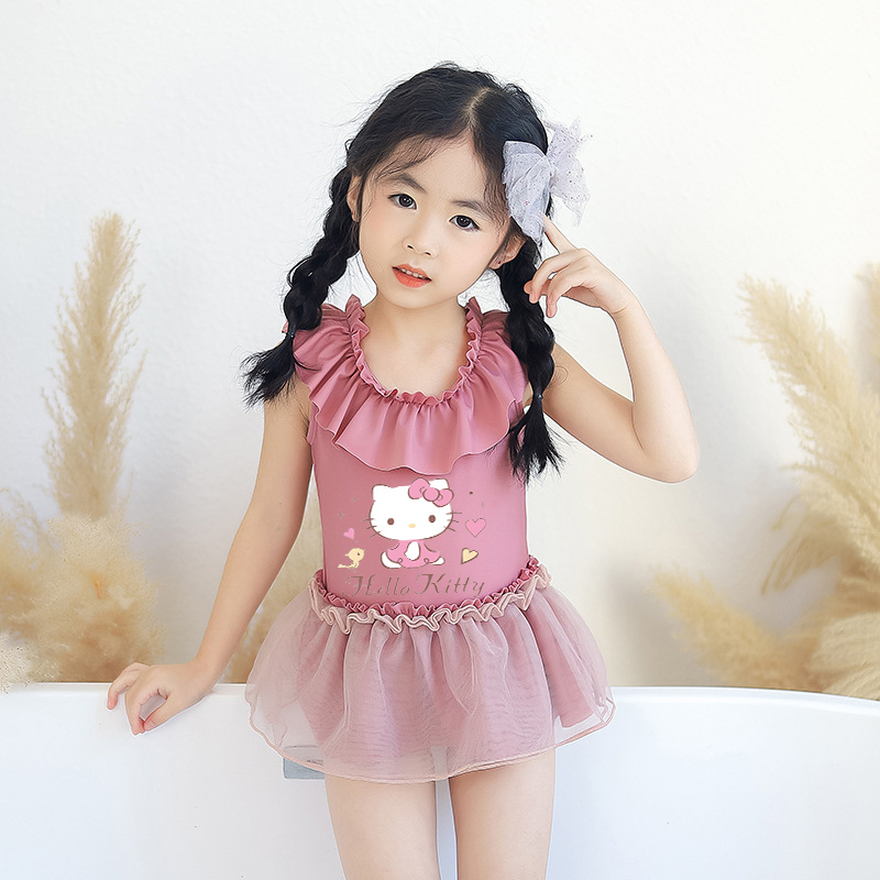 Girls Bathing Suits Cartoon Cat Love One Piece Lace Collar Swimsuits