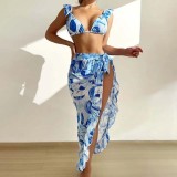Women 3 Piece Flower Prints Triangle Rufflle Strap Cover Up Side Knot Kimono Bikini Swimsuit