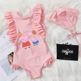 Girls Bathing Suits Cartoon Pigs With Balloons One Piece Ruffled Cuff Swimsuits