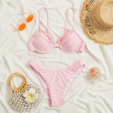 Women Two Pieces Frill Trim Eyelet Embroidery Push Up High Cut Bikini Swimsuit