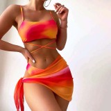 Women 3 Piece Ombre Criss Cross Tankini High Cut Cover Up Side Knot Skirt Bikini Swimsuit