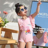 Girls Bathing Suits Cartoon Pig Riding The Bicycle One Piece Ruffled Cuff Swimsuits