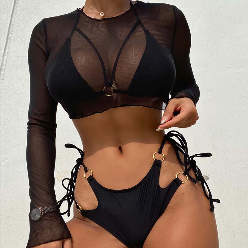 Women 3 Piece Cut Out Ring Linked Plunging Halter Side Tie High Cut Mesh Tankini Cover Up Bikini Swimsuit