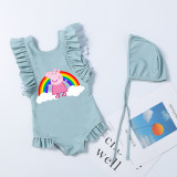 Girls Bathing Suits Cartoon Pig Rainbow One Piece Ruffled Cuff Swimsuits