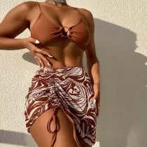 Women 3 Piece Solid Color Ring Linked Plunging High Cut Cover Up Mesh Skirt Bikini Swimsuit