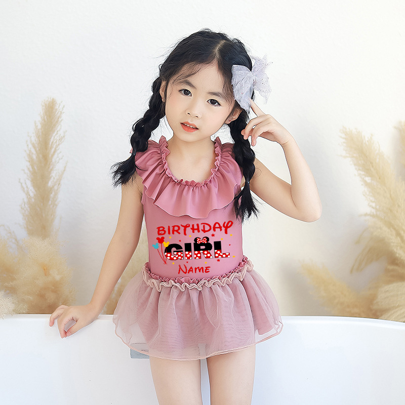 Girls Bathing Suits Cartoon Mouse Birthday Name Custom One Piece Lace Collar Swimsuits