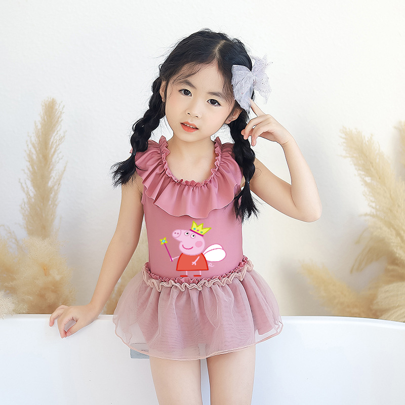 Girls Bathing Suits Cartoon Pig Fairy One Piece Lace Collar Swimsuits