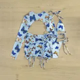 Women 4 Piece Butterfly Prints Triangle Halter Cover Up Drawstring Skirt Bikini Swimsuit
