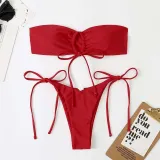 Women Two Pieces Bandeau Ring Linked Plunging Side Tie High Cut Bikini Swimsuit