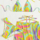 Women 3 Piece Tie Dye Criss Cross Halter Color Block Cover Up Skirts Bikini Swimsuit