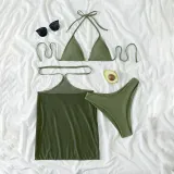 Women 3 Piece Ring Linked Plunging Triangle Halter Cover Up Mesh Skirt Bikini Swimsuit