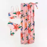 Women 3 Piece Flower Prints Ruched Bowknot Cover Up Skirt Bikini Swimsuit