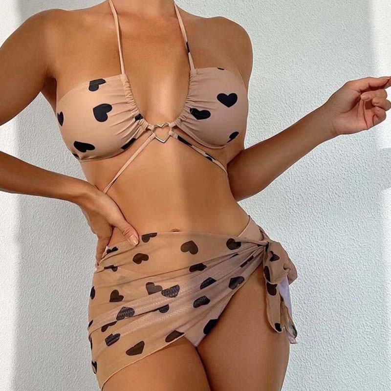 Women 3 Piece Heart Ring Linked Plunging Cover Up Heart Prints Mesh Skirt Bikini Swimsuit