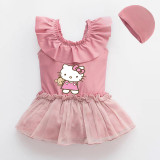 Girls Bathing Suits Cartoon Cat With Toy One Piece Lace Collar Swimsuits