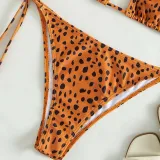 Women 3 Piece Leopard Prints Triangle Brassiere Side Tie Long Sleeve Tankini Cover Up Bikini Swimsuit
