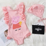 Girls Bathing Suits Cartoon Pig With Toy One Piece Ruffled Cuff Swimsuits