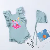Girls Bathing Suits Cartoon Pig Birthday Name Custom One Piece Ruffled Cuff Swimsuits