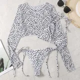 Women 3 Piece Leopard Prints Triangle Brassiere Side Tie Long Sleeve Tankini Cover Up Bikini Swimsuit
