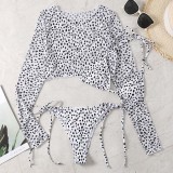 Women 3 Piece Leopard Prints Triangle Brassiere Side Tie Long Sleeve Tankini Cover Up Bikini Swimsuit