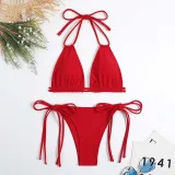 Women Two Pieces Halter Brassiere Side Tie High Cut Bikini Swimsuit