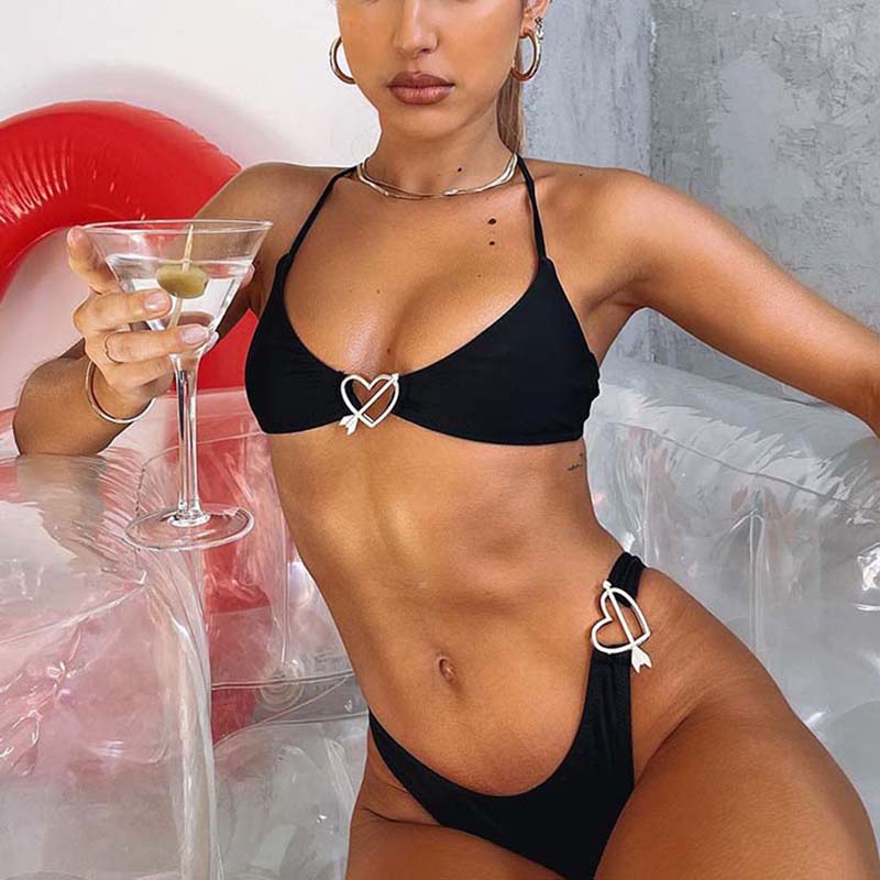 Women Two Pieces Halter Heart Linked Plunging High Cut Bikini Swimsuit