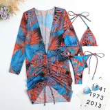 Women 3 Piece Triangle Halter Side Tie Tropical Drawstring Cover Up Kimonos Bikini Swimsuit