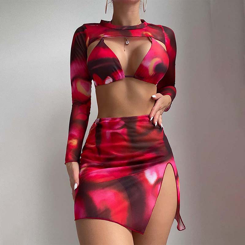 Women 3 Piece Tie Dye Triangle Halter Cover Up Tankini Skirts Bikini Swimsuit