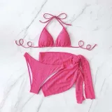 Women 3 Piece Solid Color Triangle Halter High Cut Cover Up Skirt Bikini Swimsuit