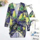 Women 3 Piece Triangle Halter Side Tie Tropical Drawstring Cover Up Kimonos Bikini Swimsuit