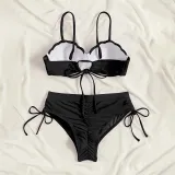 Women Two Pieces Push Up Solid Color Drawstring Side Knot Bikini Swimsuit