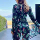 Women 3 Piece Sweetheart Criss Cross High Waist Cover Up Tropical Kimono Bikini Swimsuit