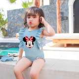 Girls Bathing Suits Cartoon Mouse Head With Bow Tie One Piece Ruffled Cuff Swimsuits