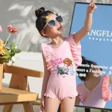 Girls Bathing Suits Let's Roll Cartoon Dogs One Piece Ruffled Cuff Swimsuits