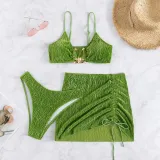 Women 3 Piece Ring Linked Plunging High Cut Drawstring Skirt Cover Up Bikini Swimsuit