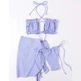 Women 3 Piece Solid Color Ruched Criss Cross Halter Cover Up Side Knot Skirt Bikini Swimsuit
