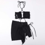Women 3 Piece Solid Color Ruched Criss Cross Halter Cover Up Side Knot Skirt Bikini Swimsuit