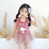 Girls Bathing Suits Cartoon Cat With Strawberry One Piece Lace Collar Swimsuits