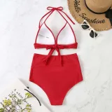 Women Two Pieces Halter Triangle Brassiere Ruched High Waist Bikini Swimsuit