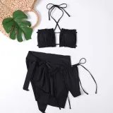 Women 3 Piece Solid Color Ruched Criss Cross Halter Cover Up Side Knot Skirt Bikini Swimsuit