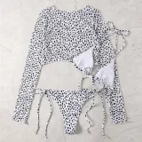 Women 3 Piece Leopard Prints Triangle Brassiere Side Tie Long Sleeve Tankini Cover Up Bikini Swimsuit