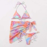 Women 3 Piece Tie Dye Drawstring Triangle Halter Side Tie Cover Up Kimonos Bikini Swimsuit