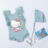 Girls Bathing Suits Cartoon Cat With Ice Cream One Piece Ruffled Cuff Swimsuits
